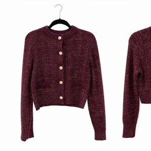 French Connection Women’s Metallic Tweed Knit Cardigan with Gold Buttons